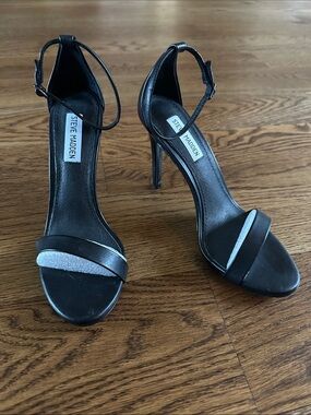 Steve Madden Stecy Black Heeled Sandals with Ankle Strap Detail